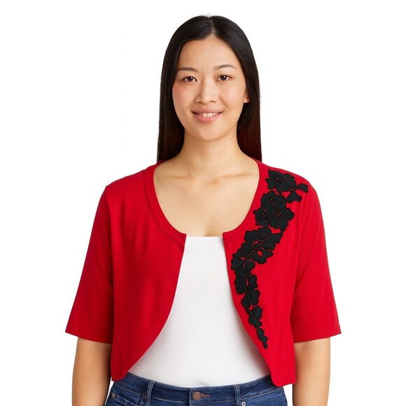 Dressbarn Collection Women’s 22/24 Red Cropped Cardigan with Black Floral Appliq - Picture 8 of 8